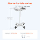VEVOR Mayo statīvs ar noņemamu nerūsējošā tērauda paplāti un riteņiem, kravnesība 15,9 kg, regulējams augstums 640–1011 mm, SPA, saloniem, klīnikām un personīgajai aprūpei