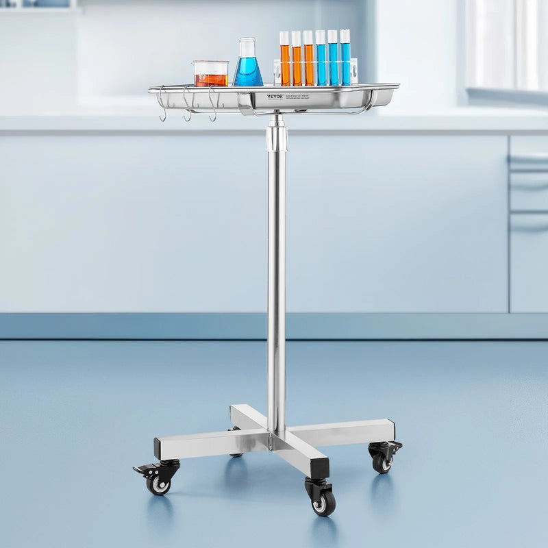 VEVOR Mayo statīvs ar noņemamu nerūsējošā tērauda paplāti un riteņiem, kravnesība 15,9 kg, regulējams augstums 640–1011 mm, SPA, saloniem, klīnikām un personīgajai aprūpei