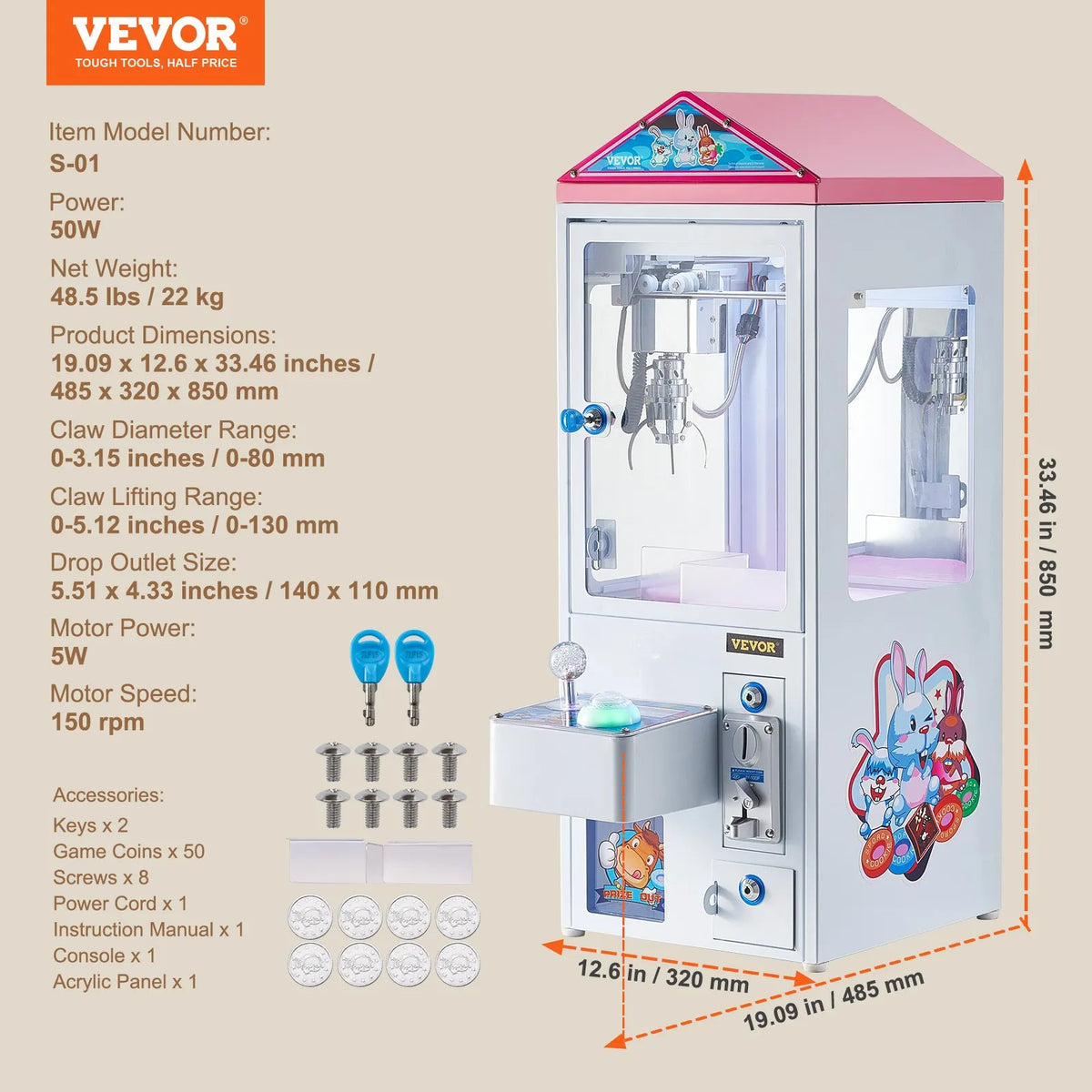VEVOR ķērājmašīna, komerciāls arkādes automāts ar gaismu un skaņu, žoklis 0–80 mm