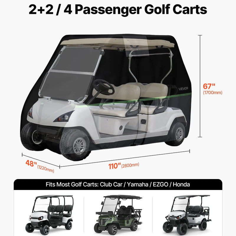 VEVOR golfa ratiņu pārsegs 2+2/4 pasažieriem, pilna pārklājuma, 600D ūdensizturīgs Oksfordas audums, saderīgs ar Club Car, Yamaha, EZGO, Honda, PU pārklājums, trīs rāvējslēdzēja durvis - ZEMLETES.LV