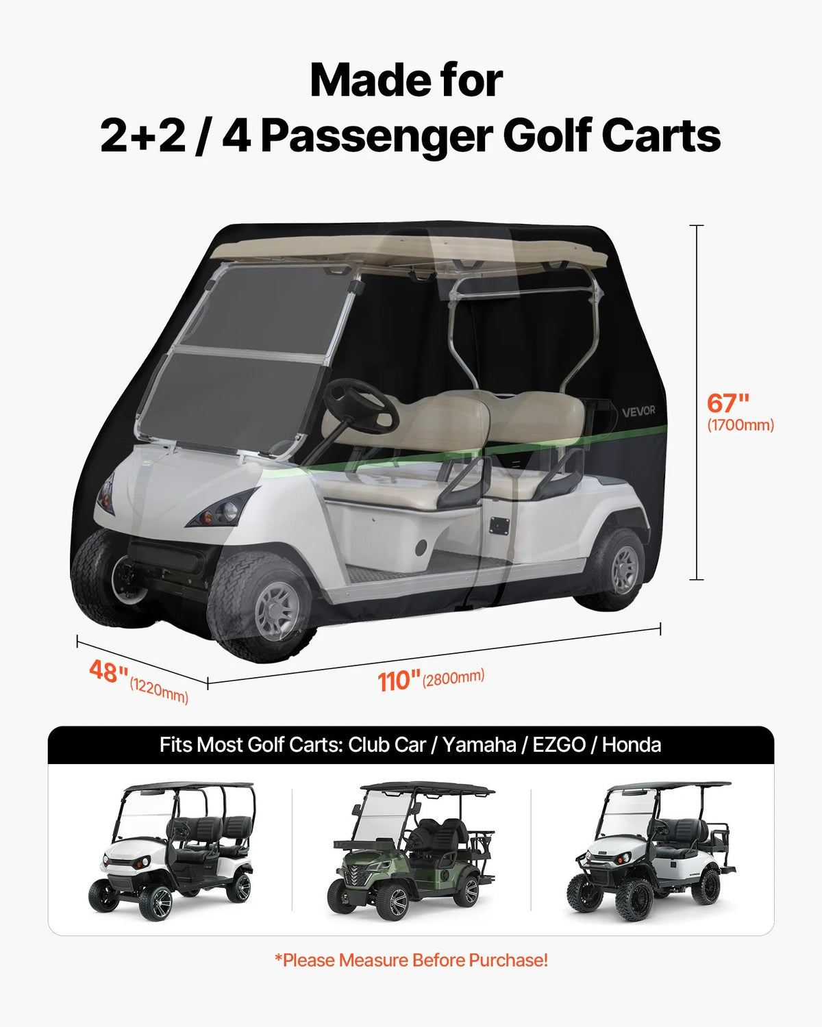 VEVOR golfa ratiņu pārsegs 2+2/4 pasažieriem, pilna pārklājuma, 600D ūdensizturīgs Oksfordas audums, saderīgs ar Club Car, Yamaha, EZGO, Honda, PU pārklājums, trīs rāvējslēdzēja durvis - ZEMLETES.LV