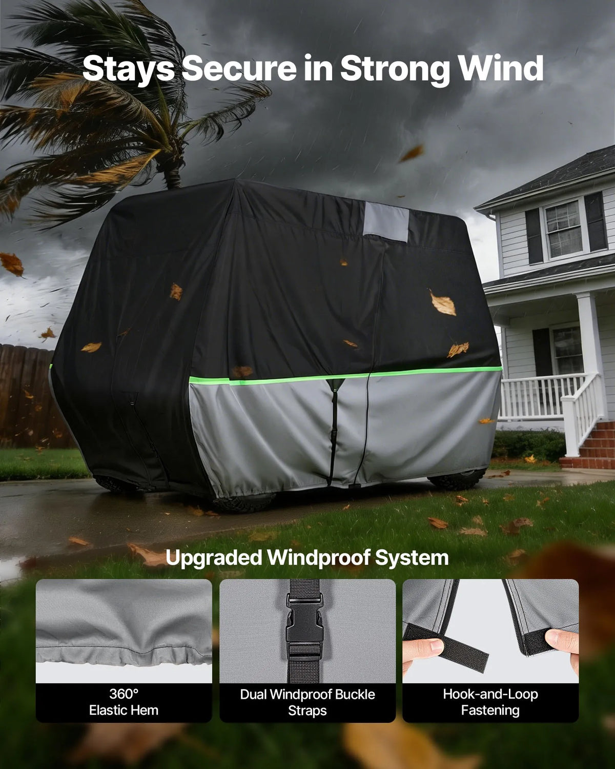 VEVOR golfa ratiņu pārsegs 2+2/4 pasažieriem, pilna pārklājuma, 600D ūdensizturīgs Oksfordas audums, saderīgs ar Club Car, Yamaha, EZGO, Honda, PU pārklājums, trīs rāvējslēdzēja durvis - ZEMLETES.LV