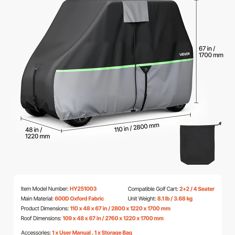 VEVOR golfa ratiņu pārsegs 2+2/4 pasažieriem, pilna pārklājuma, 600D ūdensizturīgs Oksfordas audums, saderīgs ar Club Car, Yamaha, EZGO, Honda, PU pārklājums, trīs rāvējslēdzēja durvis - ZEMLETES.LV