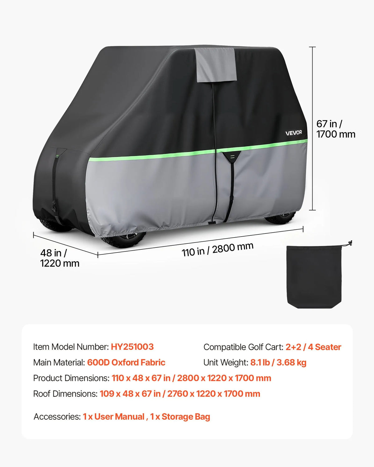VEVOR golfa ratiņu pārsegs 2+2/4 pasažieriem, pilna pārklājuma, 600D ūdensizturīgs Oksfordas audums, saderīgs ar Club Car, Yamaha, EZGO, Honda, PU pārklājums, trīs rāvējslēdzēja durvis - ZEMLETES.LV