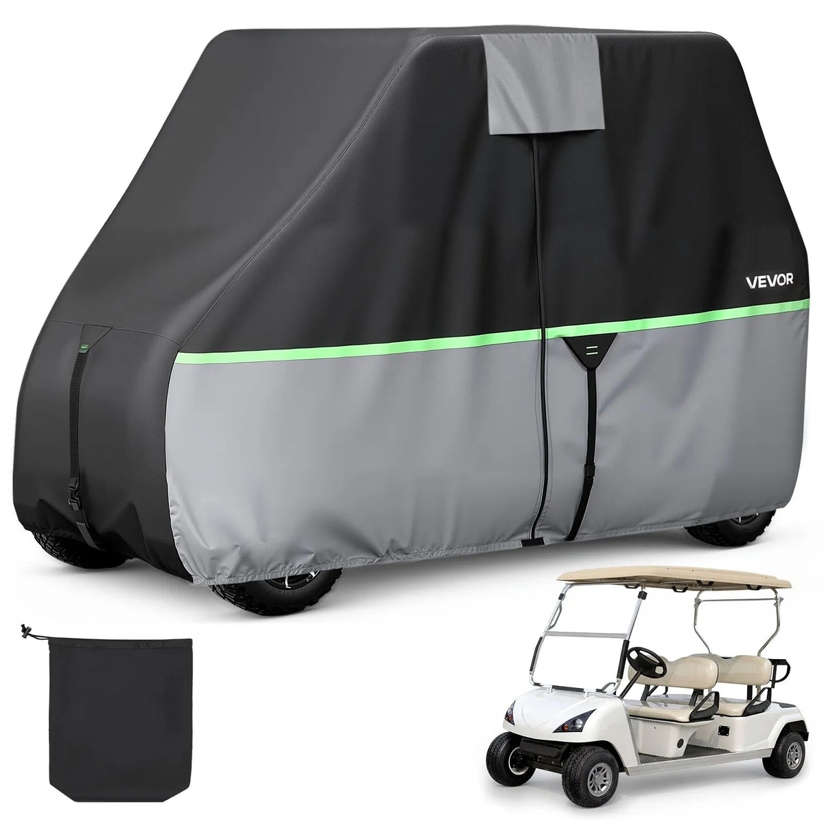 VEVOR golfa ratiņu pārsegs 2+2/4 pasažieriem, pilna pārklājuma, 600D ūdensizturīgs Oksfordas audums, saderīgs ar Club Car, Yamaha, EZGO, Honda, PU pārklājums, trīs rāvējslēdzēja durvis - ZEMLETES.LV