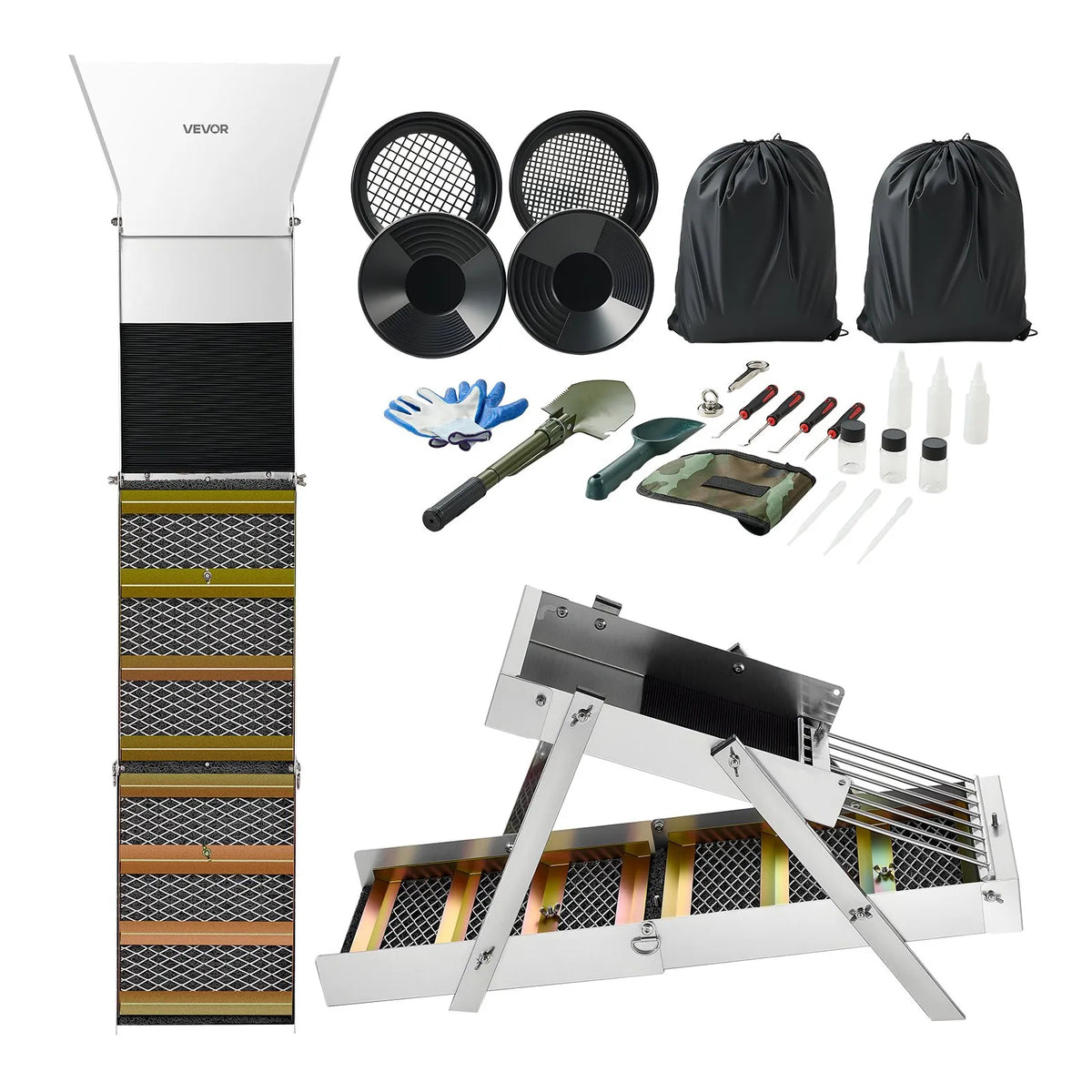 VEVOR zelta skalošanas komplekts ar augstgultni, 1270 mm salokāms 3 vienā zelta skalošanas renes komplekts, 26 daļas ar pannām, sietu, magnētu, mugursomu un piederumiem zelta ieguvei - ZEMLETES.LV