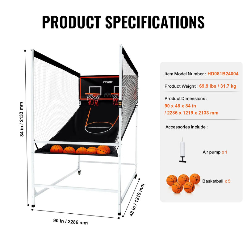 VEVOR arkādes basketbola spēle ar aizsargkarkasu 2 spēlētājiem, iekštelpu dubultais basketbola grozu komplekts ar 5 bumbām, 8 spēļu režīmiem, elektronisku rezultātu tablo un bumbas pumpi, melnbalta - ZEMLETES.LV
