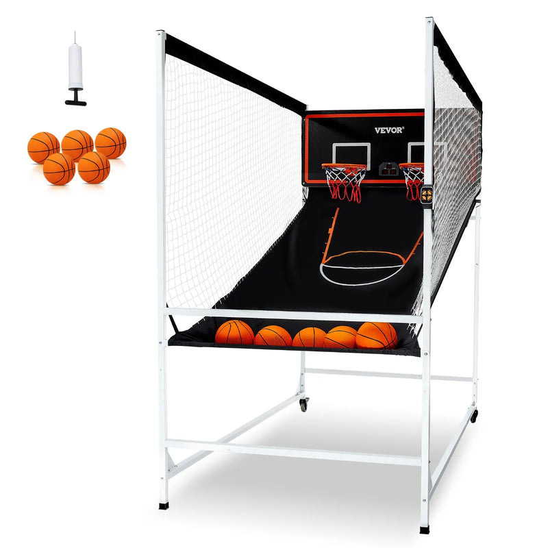 VEVOR arkādes basketbola spēle ar aizsargkarkasu 2 spēlētājiem, iekštelpu dubultais basketbola grozu komplekts ar 5 bumbām, 8 spēļu režīmiem, elektronisku rezultātu tablo un bumbas pumpi, melnbalta - ZEMLETES.LV