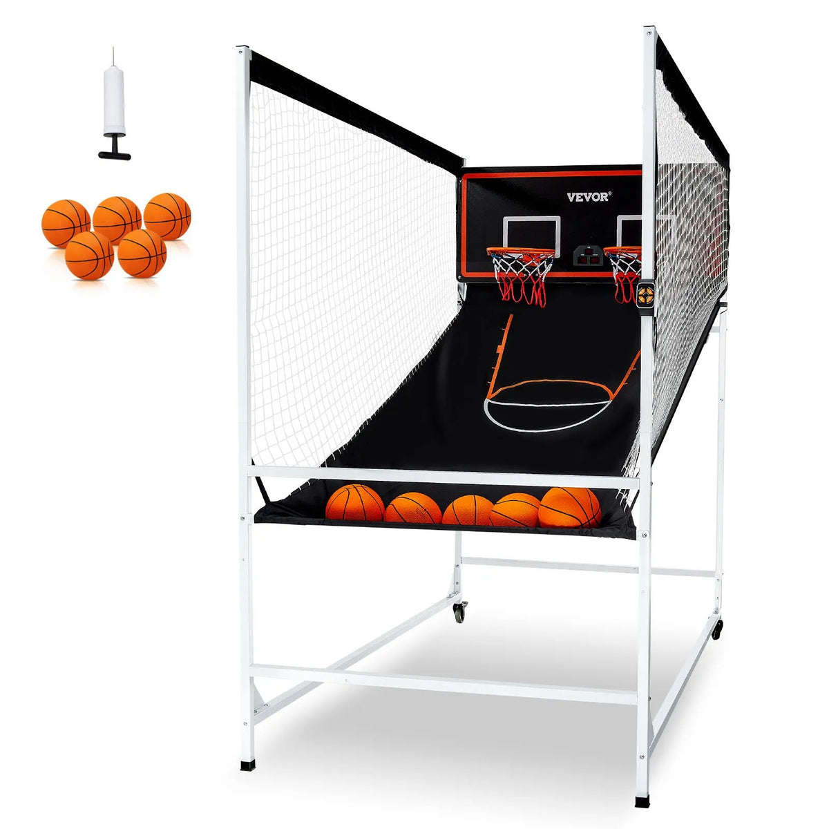 VEVOR arkādes basketbola spēle ar aizsargkarkasu 2 spēlētājiem, iekštelpu dubultais basketbola grozu komplekts ar 5 bumbām, 8 spēļu režīmiem, elektronisku rezultātu tablo un bumbas pumpi, melnbalta - ZEMLETES.LV