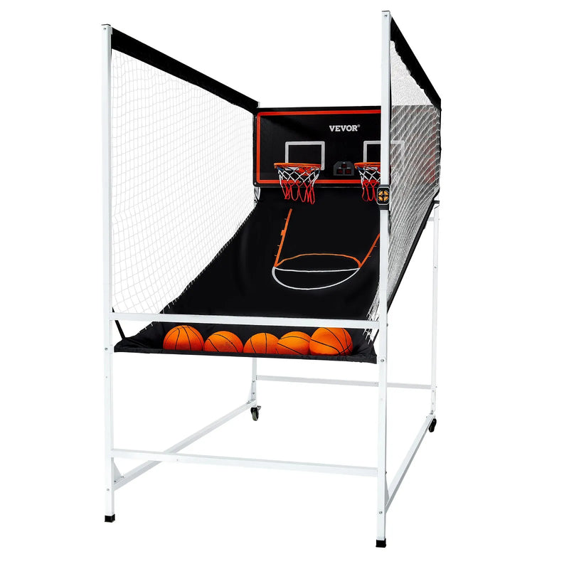 VEVOR arkādes basketbola spēle ar aizsargkarkasu 2 spēlētājiem, iekštelpu dubultais basketbola grozu komplekts ar 5 bumbām, 8 spēļu režīmiem, elektronisku rezultātu tablo un bumbas pumpi, melnbalta - ZEMLETES.LV