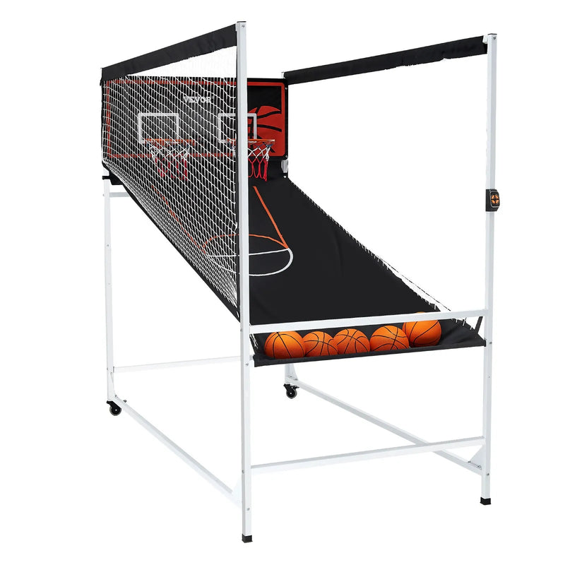 VEVOR arkādes basketbola spēle ar aizsargkarkasu 2 spēlētājiem, iekštelpu dubultais basketbola grozu komplekts ar 5 bumbām, 8 spēļu režīmiem, elektronisku rezultātu tablo un bumbas pumpi, melnbalta - ZEMLETES.LV