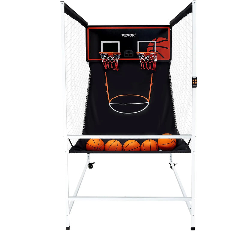 VEVOR arkādes basketbola spēle ar aizsargkarkasu 2 spēlētājiem, iekštelpu dubultais basketbola grozu komplekts ar 5 bumbām, 8 spēļu režīmiem, elektronisku rezultātu tablo un bumbas pumpi, melnbalta - ZEMLETES.LV