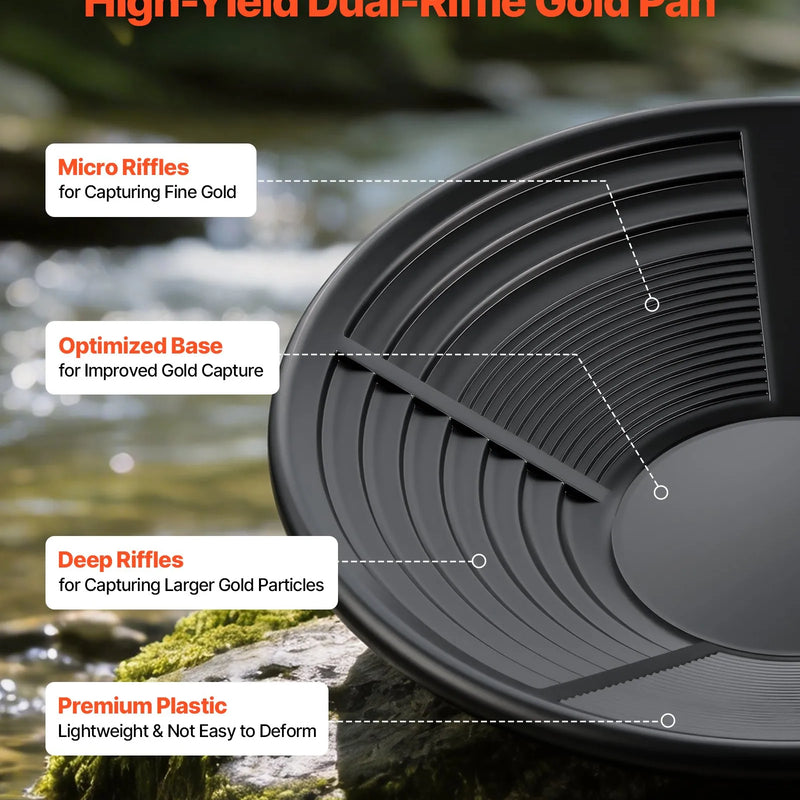 VEVOR zelta skalošanas komplekts, 19 daļas, ar 254 mm un 355 mm pannām, sietiem, smilšu magnētu, akmeņu āmuru, lāpstiņām, mugursomu un piederumiem zelta ieguvei - ZEMLETES.LV