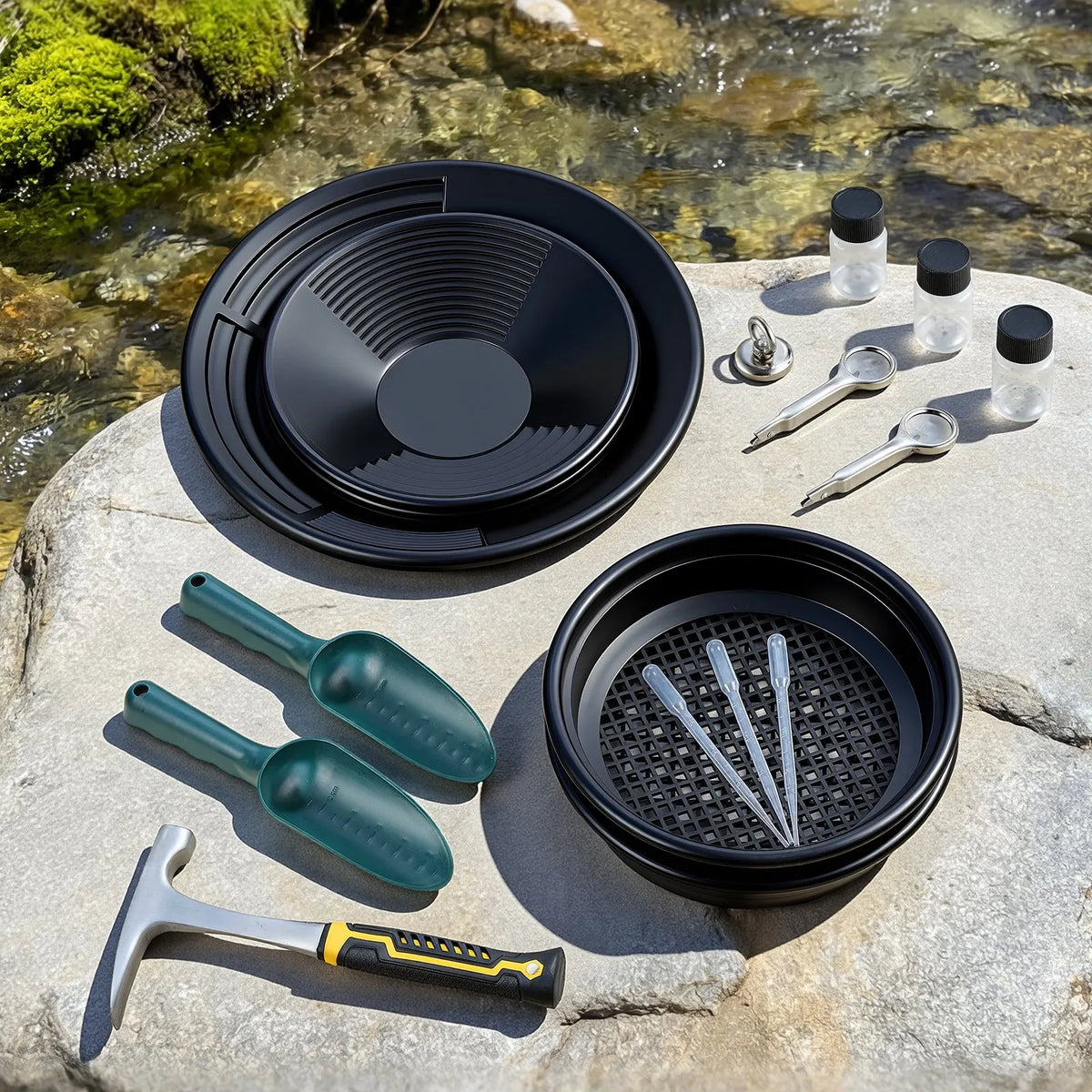 VEVOR zelta skalošanas komplekts, 19 daļas, ar 254 mm un 355 mm pannām, sietiem, smilšu magnētu, akmeņu āmuru, lāpstiņām, mugursomu un piederumiem zelta ieguvei - ZEMLETES.LV