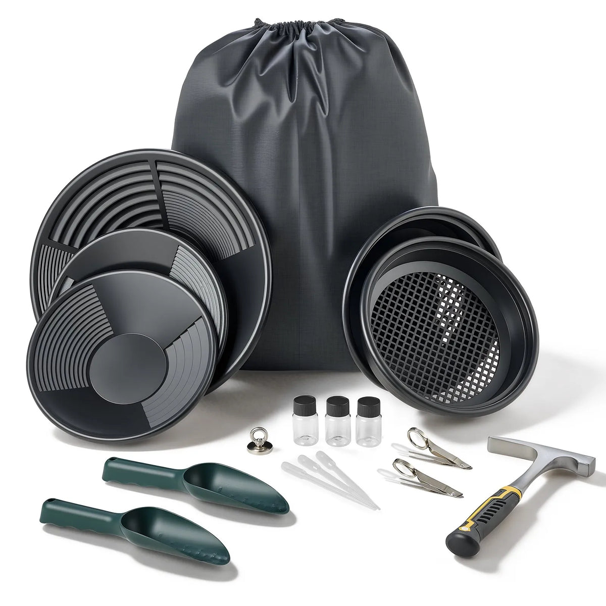 VEVOR zelta skalošanas komplekts, 19 daļas, ar 254 mm un 355 mm pannām, sietiem, smilšu magnētu, akmeņu āmuru, lāpstiņām, mugursomu un piederumiem zelta ieguvei - ZEMLETES.LV