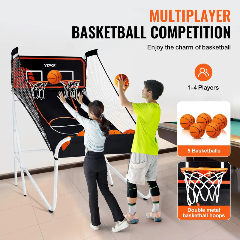 VEVOR salokāma basketbola arkādes spēle 2 spēlētājiem ar 5 bumbām, 8 spēļu režīmiem, elektronisku rezultātu tablo un bumbas pumpi bērniem un pieaugušajiem, melnbalta - ZEMLETES.LV