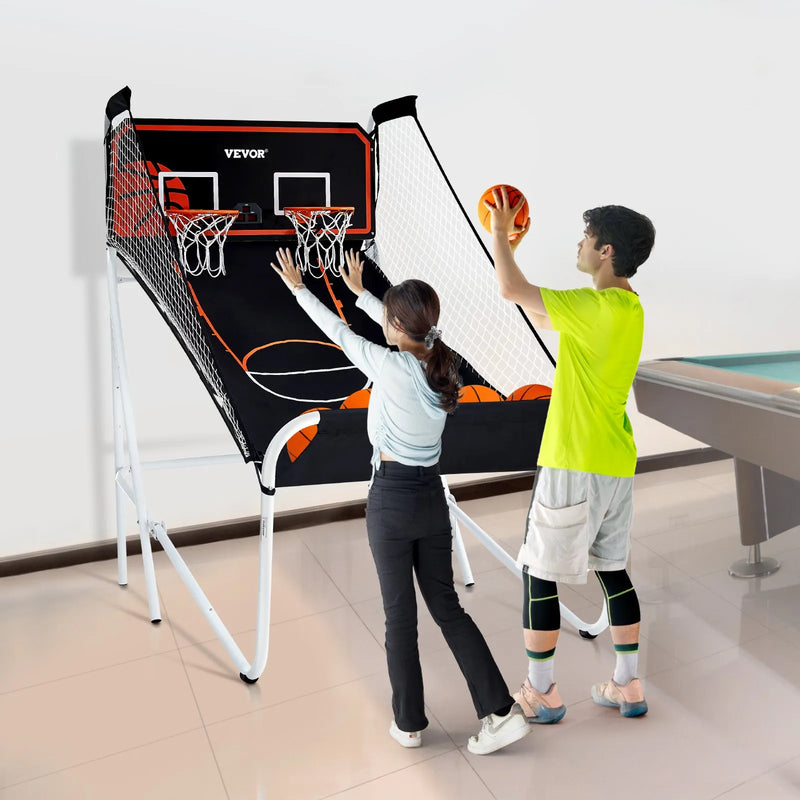 VEVOR salokāma basketbola arkādes spēle 2 spēlētājiem ar 5 bumbām, 8 spēļu režīmiem, elektronisku rezultātu tablo un bumbas pumpi bērniem un pieaugušajiem, melnbalta - ZEMLETES.LV
