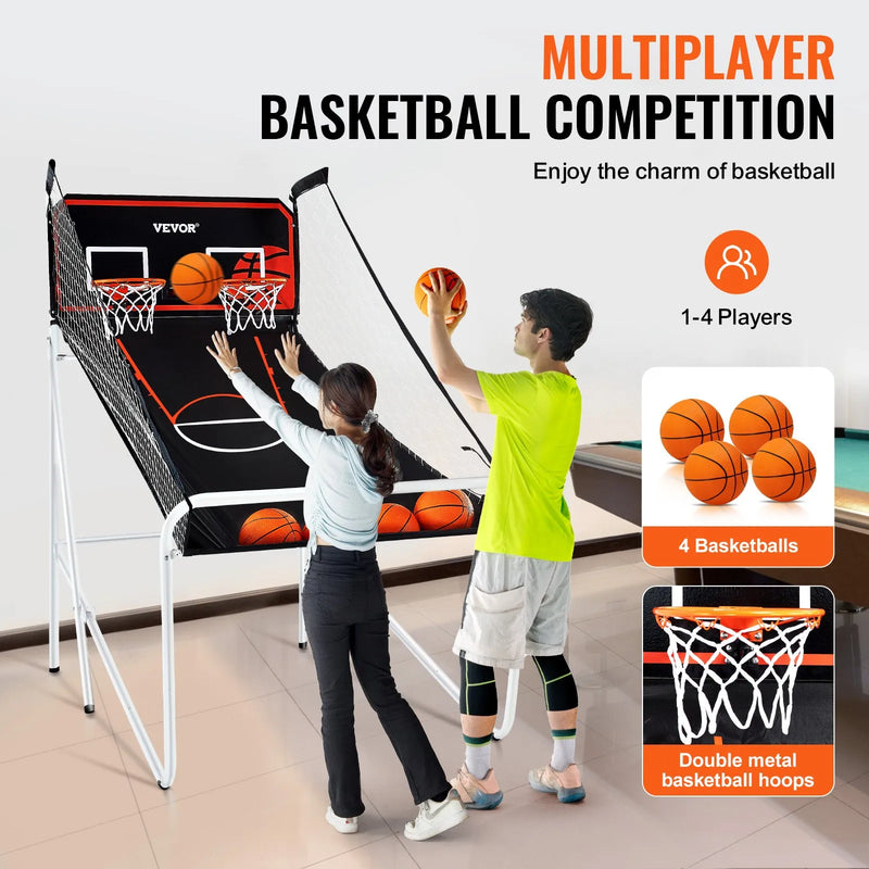 VEVOR salokāma basketbola arkādes spēle 2 spēlētājiem ar 4 bumbām, 8 spēļu režīmiem, elektronisku rezultātu tablo un bumbas pumpi, iekštelpu dubultais basketbola grozu komplekts bērniem un pieaugušajiem, melnbalta - ZEMLETES.LV