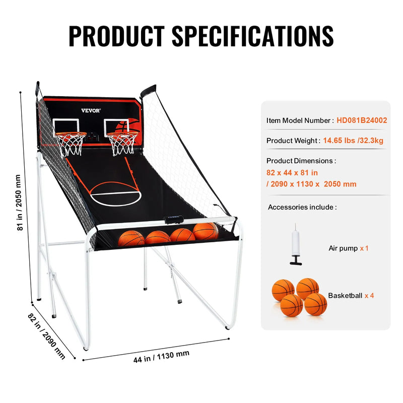 VEVOR salokāma basketbola arkādes spēle 2 spēlētājiem ar 4 bumbām, 8 spēļu režīmiem, elektronisku rezultātu tablo un bumbas pumpi, iekštelpu dubultais basketbola grozu komplekts bērniem un pieaugušajiem, melnbalta - ZEMLETES.LV