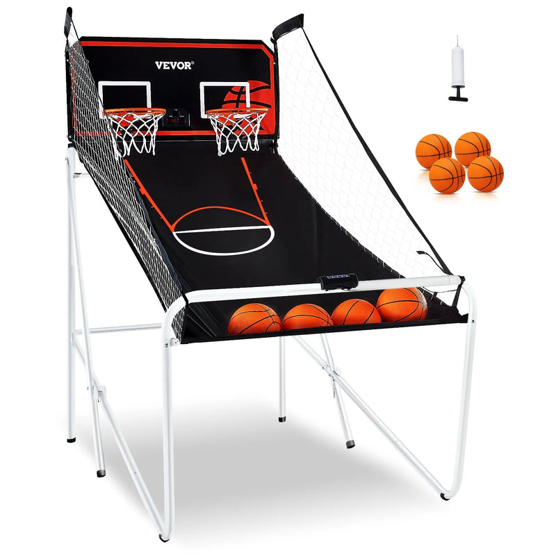 VEVOR salokāma basketbola arkādes spēle 2 spēlētājiem ar 4 bumbām, 8 spēļu režīmiem, elektronisku rezultātu tablo un bumbas pumpi, iekštelpu dubultais basketbola grozu komplekts bērniem un pieaugušajiem, melnbalta - ZEMLETES.LV