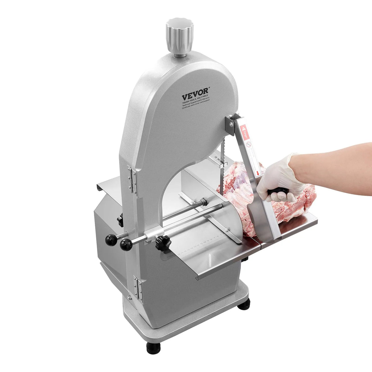 VEVOR 1800 W komerciālais elektriskais gaļas lentzāģis, nerūsējošā tērauda galda tipa kaulu zāģēšanas iekārta ar 380 × 485 mm darba virsmu, maks. griešanas biezums 180 mm, saldētas gaļas griezējs ar 5 asmeņiem - ZEMLETES.LV