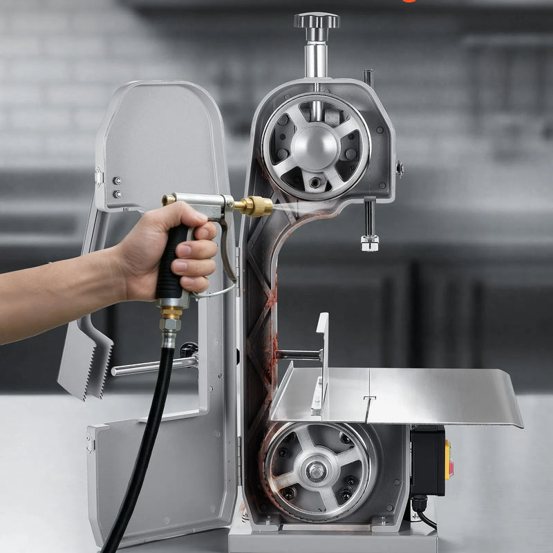 VEVOR Komerciāla elektriskā gaļas lentzāģa iekārta, 650 W, nerūsējošā tērauda galda modelis, darba virsma 315 × 460 mm, maks. griešanas biezums 110 mm, saldētas zivju, cūkgaļas un liellopa gaļas griešanai