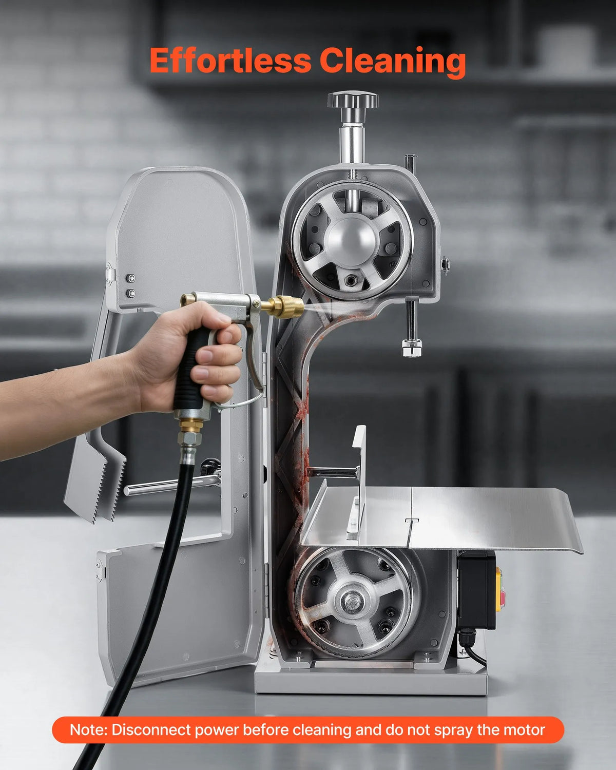 VEVOR Komerciāla elektriskā gaļas lentzāģa iekārta, 650 W, nerūsējošā tērauda galda modelis, darba virsma 315 × 460 mm, maks. griešanas biezums 110 mm, saldētas zivju, cūkgaļas un liellopa gaļas griešanai - ZEMLETES.LV
