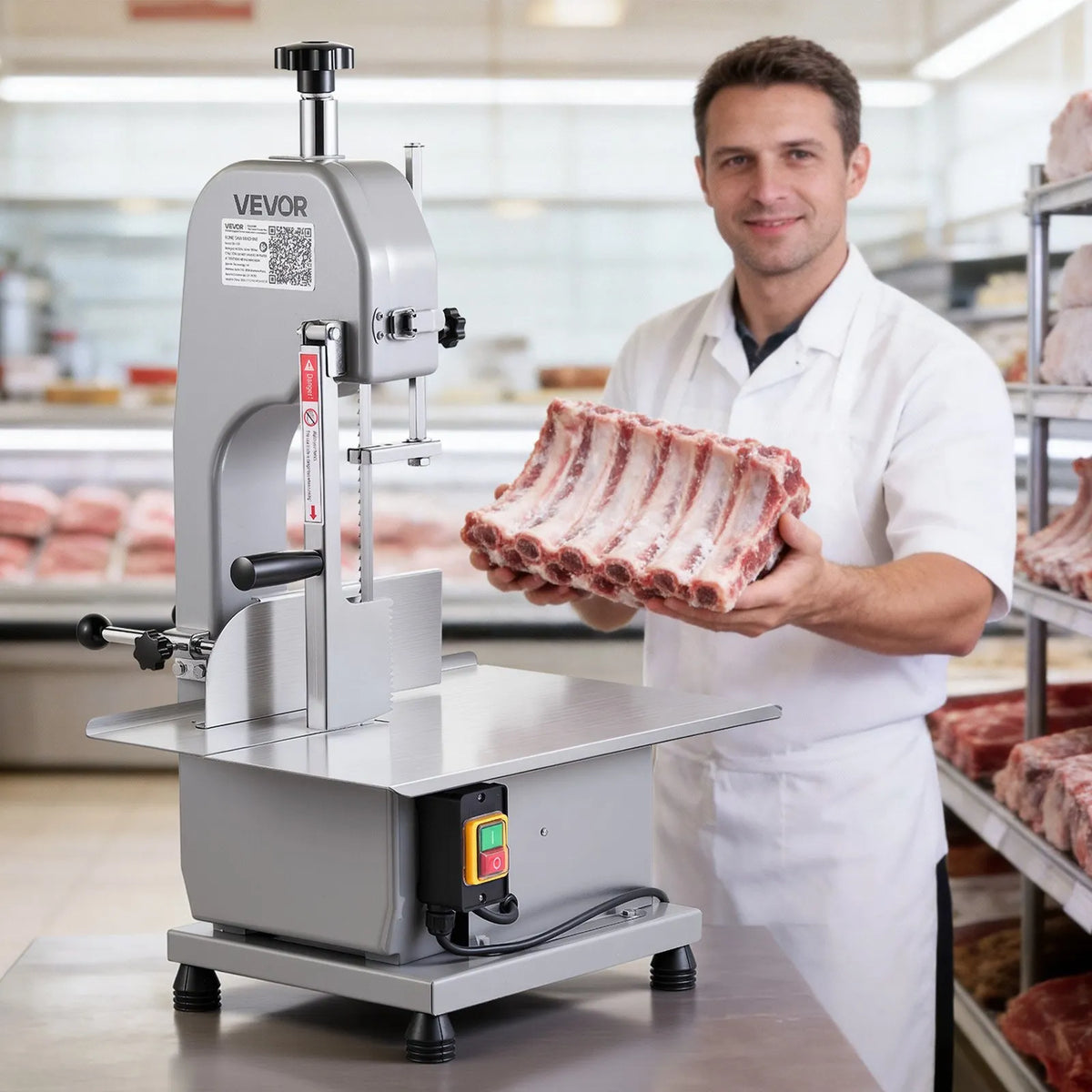 VEVOR Komerciāla elektriskā gaļas lentzāģa iekārta, 650 W, nerūsējošā tērauda galda modelis, darba virsma 315 × 460 mm, maks. griešanas biezums 110 mm, saldētas zivju, cūkgaļas un liellopa gaļas griešanai - ZEMLETES.LV