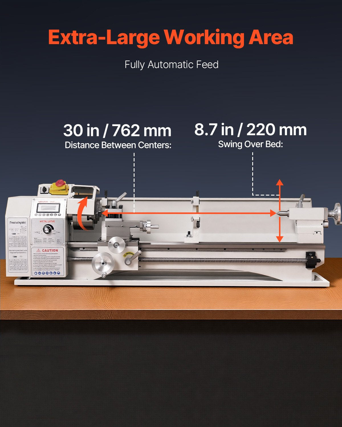 VEVOR TQ2275 Metal Lathe, 220 × 762 mm, 1100 W, Variable Speed up to 3000 RPM, Brushless Motor, Metal Gears, 8 Metric and 8 Inch Threads