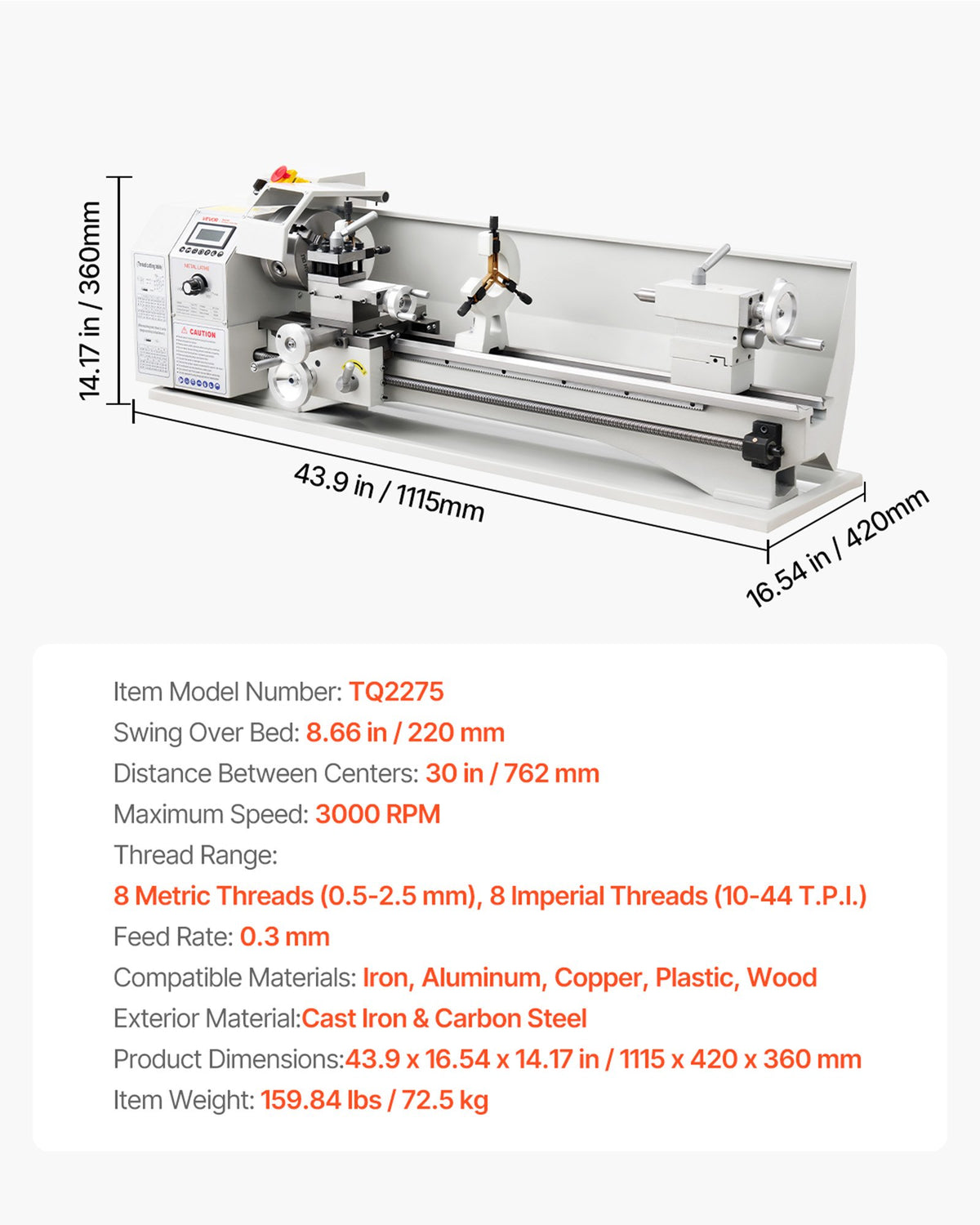 VEVOR TQ2275 Metal Lathe, 220 × 762 mm, 1100 W, Variable Speed up to 3000 RPM, Brushless Motor, Metal Gears, 8 Metric and 8 Inch Threads