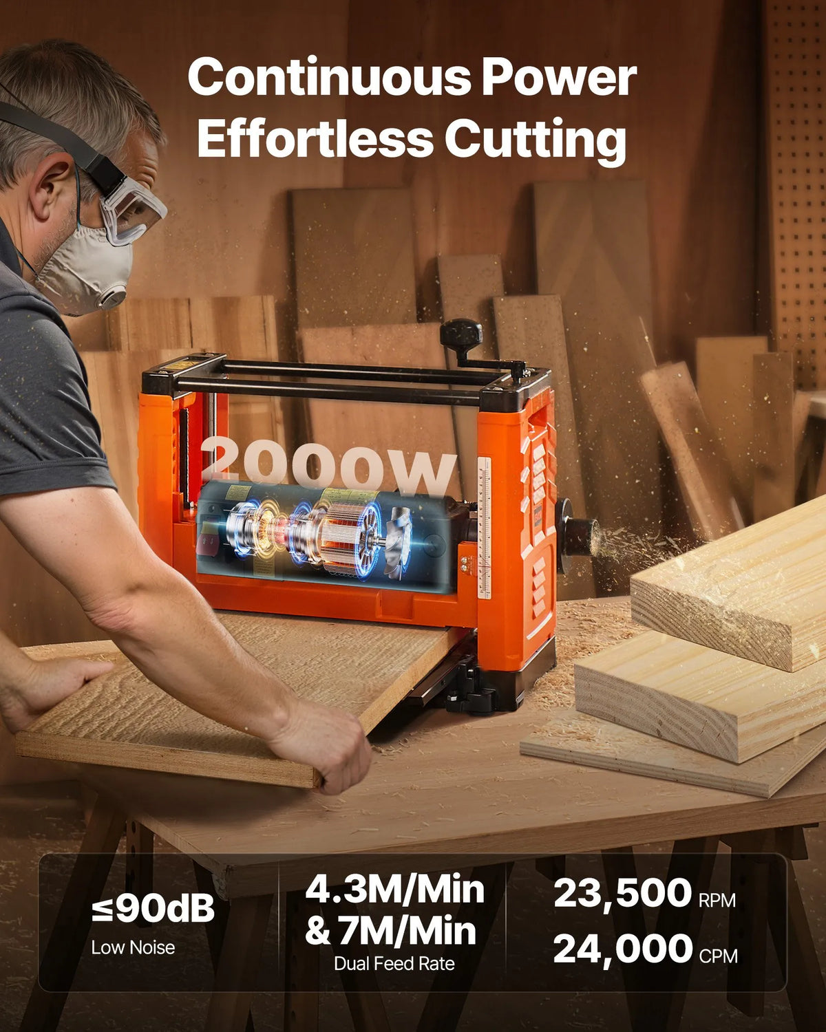 VEVOR Thickness Planer 330 mm with 2 Speeds and 3 Blades, 2000 W, 23,500 RPM, Dual Feed Rollers