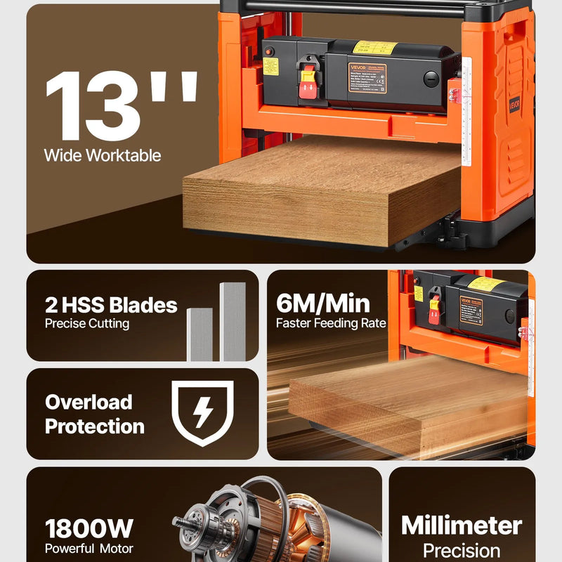 VEVOR biezuma ēvelētājs, divu asmeņu galda ēvelmašīna ar 330 mm darba platumu, 1800 W 23 500 apgr./min jaudīgs motors, dubultie padeves ruļļi, pārslodzes aizsardzība, vienātruma kokapstrādes ēvelmašīna cietai un mīkstai koksnei