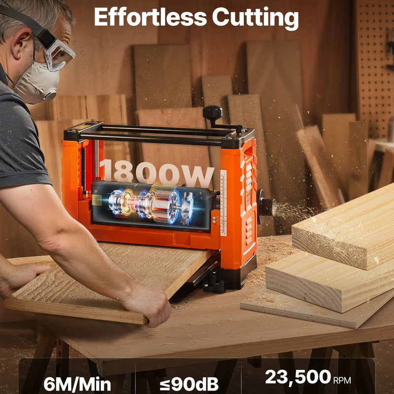 VEVOR biezuma ēvelētājs, divu asmeņu galda ēvelmašīna ar 330 mm darba platumu, 1800 W 23 500 apgr./min jaudīgs motors, dubultie padeves ruļļi, pārslodzes aizsardzība, vienātruma kokapstrādes ēvelmašīna cietai un mīkstai koksnei
