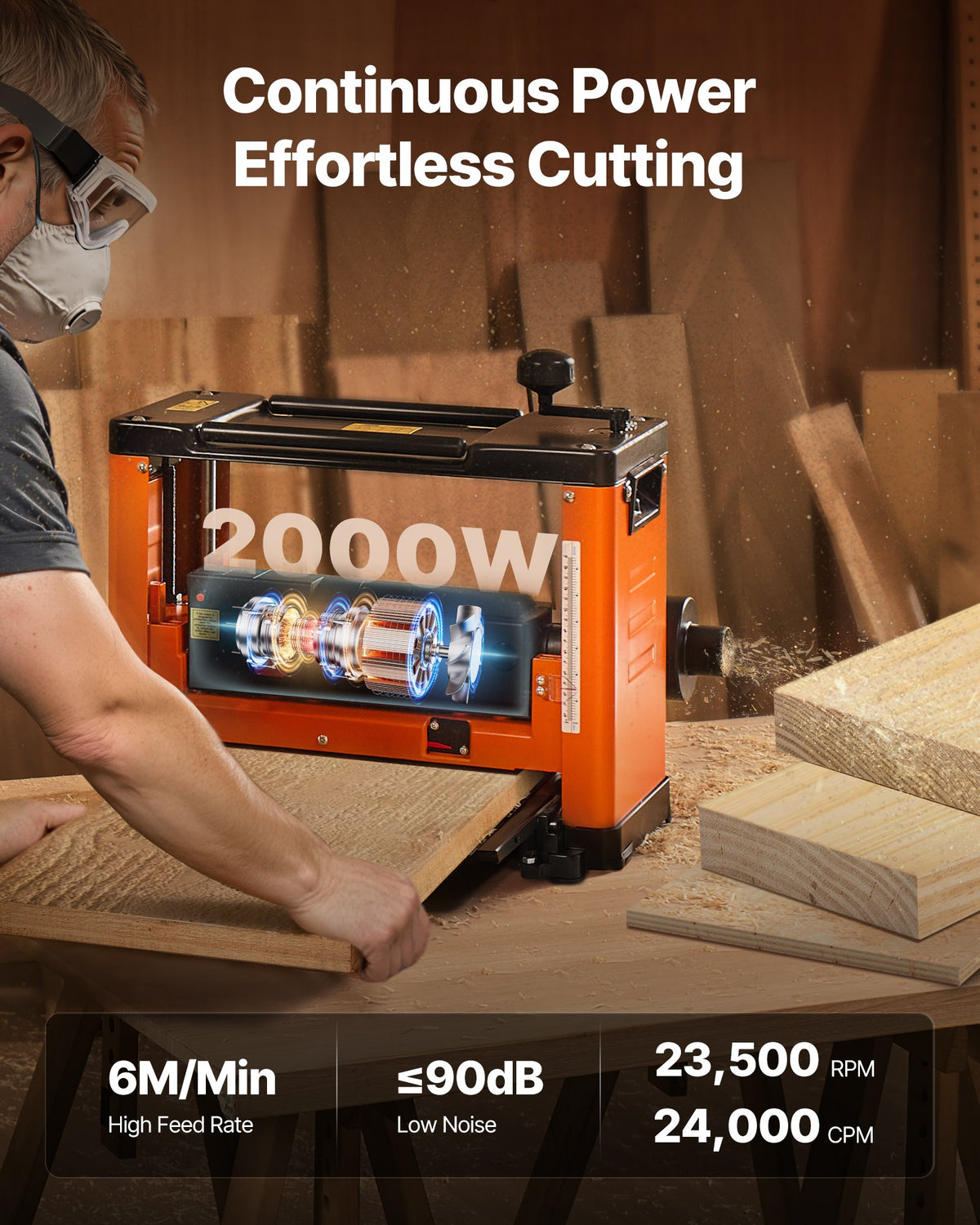 VEVOR paksushöövel 330 mm, 2000 W, 23 500 p/min, 3 tera, topeltetteanderullid