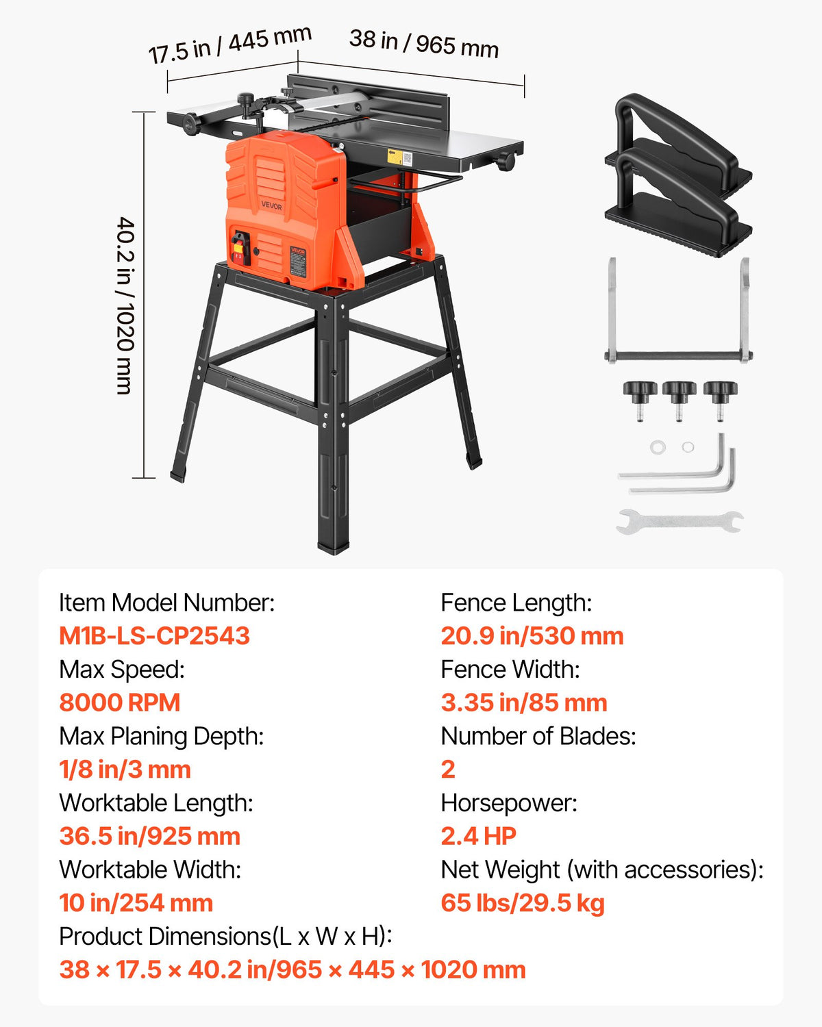 VEVOR Planer Thicknesser Combo Machine 254 mm with Stand, 2.4 HP, 8000 RPM, 2 Blades