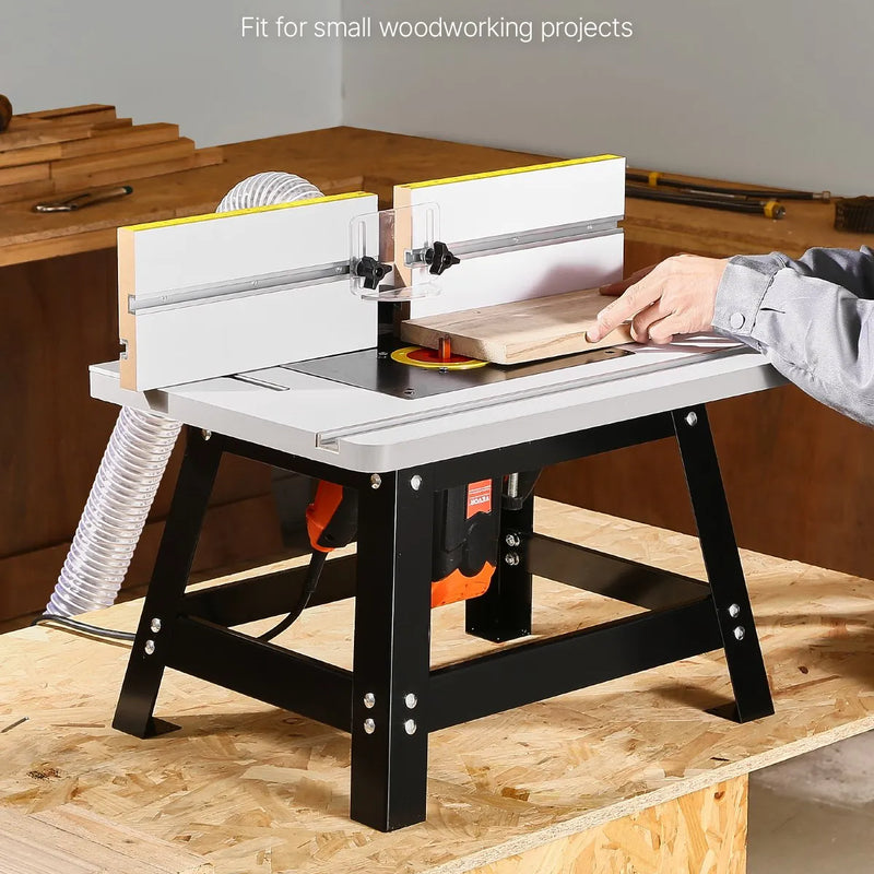 VEVOR galda frēzēšanas galds, 610 × 400 mm (24 × 15,7 collas), galda frēzēšanas virsma ar regulējamu vadotni, MDF darba virsmu, izturīgu metāla pamatni, 2-1/2 collu (63,5 mm) putekļu savākšanas pieslēgvietu, saderīgs ar frēzēm un dažādiem urbju uzgaļiem.