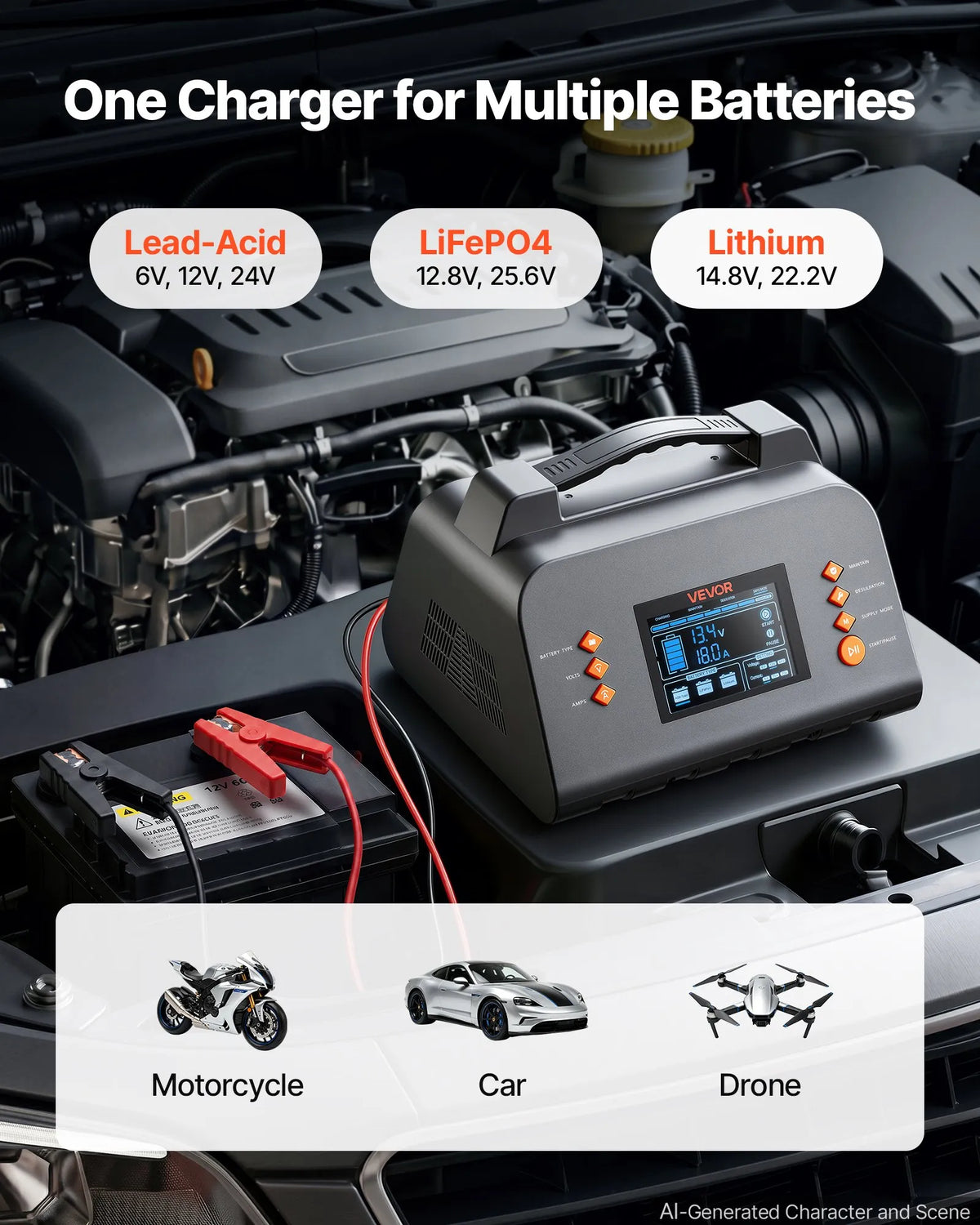 VEVOR XFH-SS03 Smart Battery Charger, 20 A, 6/12/24 V, for LiFePO4 and Lead-Acid Batteries, 7-Stage Charging, Desulphation, LCD Display