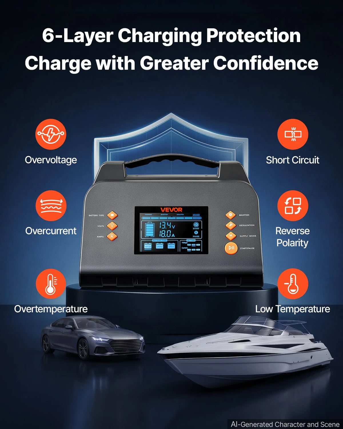 VEVOR XFH-SS03 Smart Battery Charger, 20 A, 6/12/24 V, for LiFePO4 and Lead-Acid Batteries, 7-Stage Charging, Desulphation, LCD Display