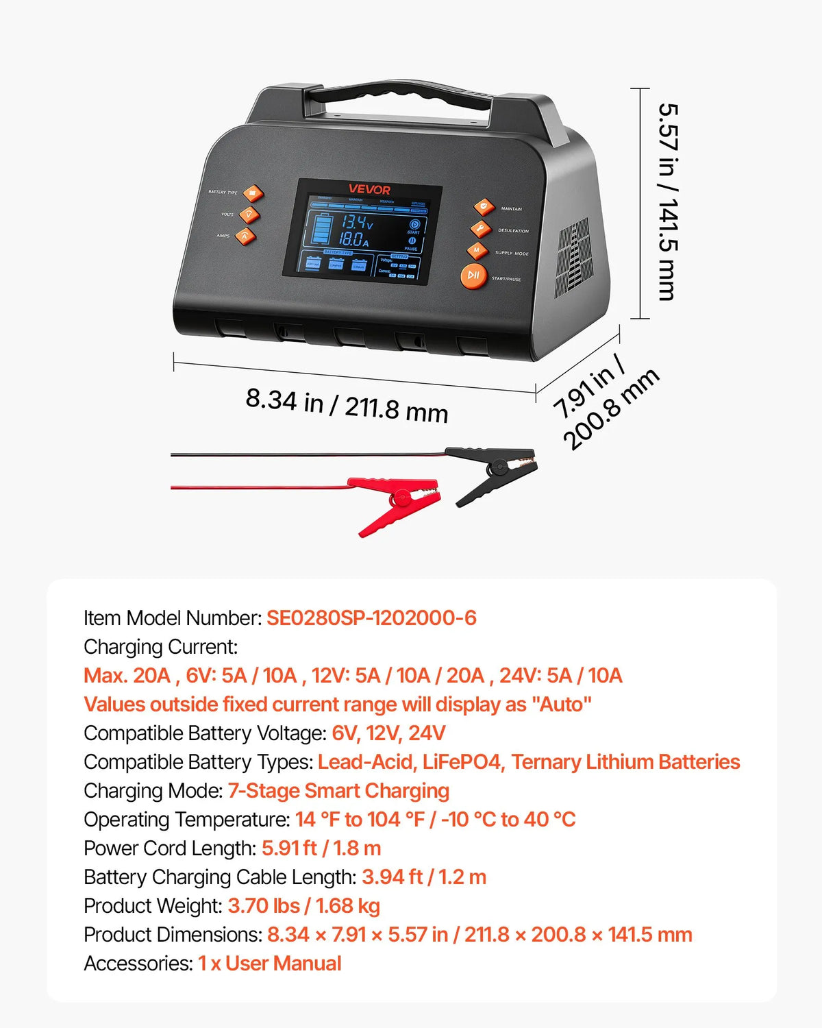 VEVOR XFH-SS03 Smart Battery Charger, 20 A, 6/12/24 V, for LiFePO4 and Lead-Acid Batteries, 7-Stage Charging, Desulphation, LCD Display