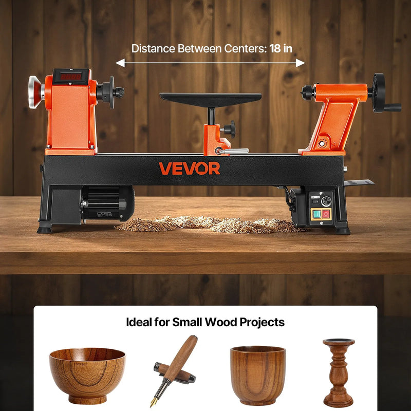 VEVOR kokapstrādes virpa, 750 W / 1 ZS, galda koka virpa ar maināmu ātrumu 150–3800 apgr./min, 304 × 465 mm darba virsma, bezsuku līdzstrāvas motors, čuguna konstrukcija, iesācējiem un DIY kokapstrādei