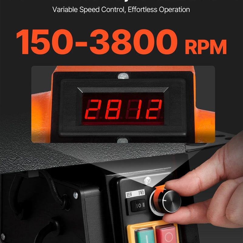 VEVOR kokapstrādes virpa, 750 W / 1 ZS, galda koka virpa ar maināmu ātrumu 150–3800 apgr./min, 304 × 465 mm darba virsma, bezsuku līdzstrāvas motors, čuguna konstrukcija, iesācējiem un DIY kokapstrādei