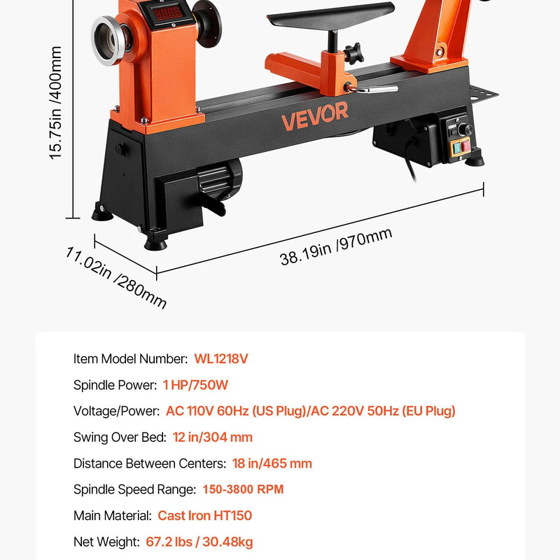 VEVOR kokapstrādes virpa, 750 W / 1 ZS, galda koka virpa ar maināmu ātrumu 150–3800 apgr./min, 304 × 465 mm darba virsma, bezsuku līdzstrāvas motors, čuguna konstrukcija, iesācējiem un DIY kokapstrādei