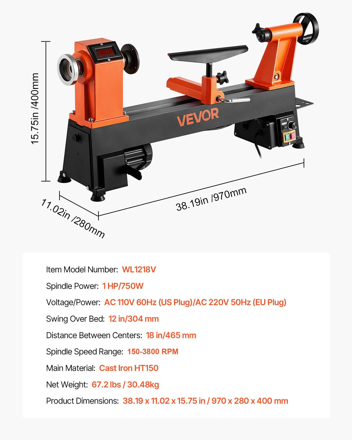 VEVOR puidutreipink 750 W (1 hj), 150–3800 p/min, 304 × 465 mm, harjadeta mootor, malmkorpus