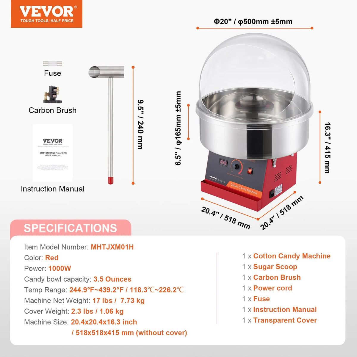 VEVOR аппарат для сахарной ваты 1000 Вт с защитной крышкой и чашей из нержавеющей стали, красный