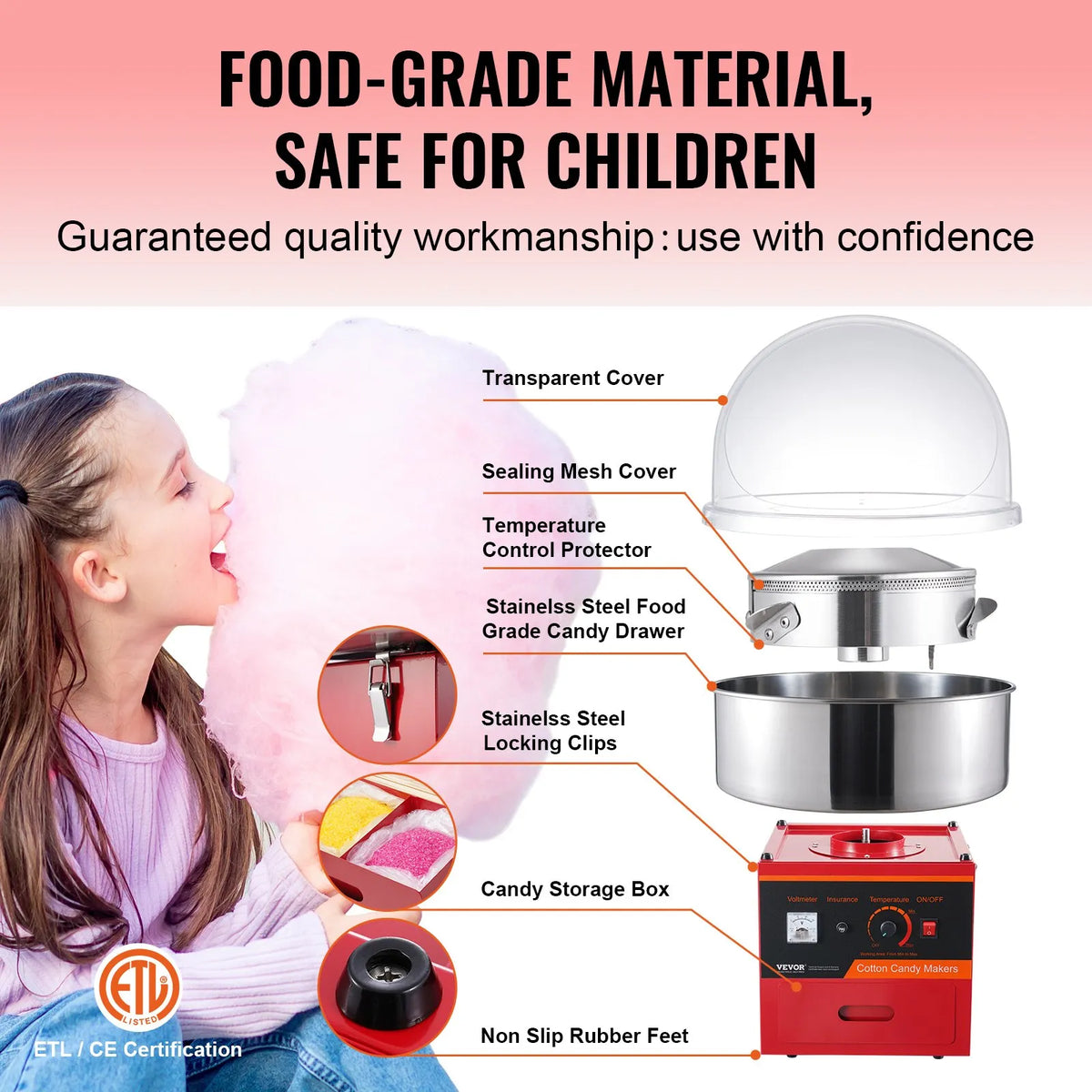 VEVOR Candy Floss Machine 1000 W with Guard, Stainless Steel Bowl and Drawer, Red