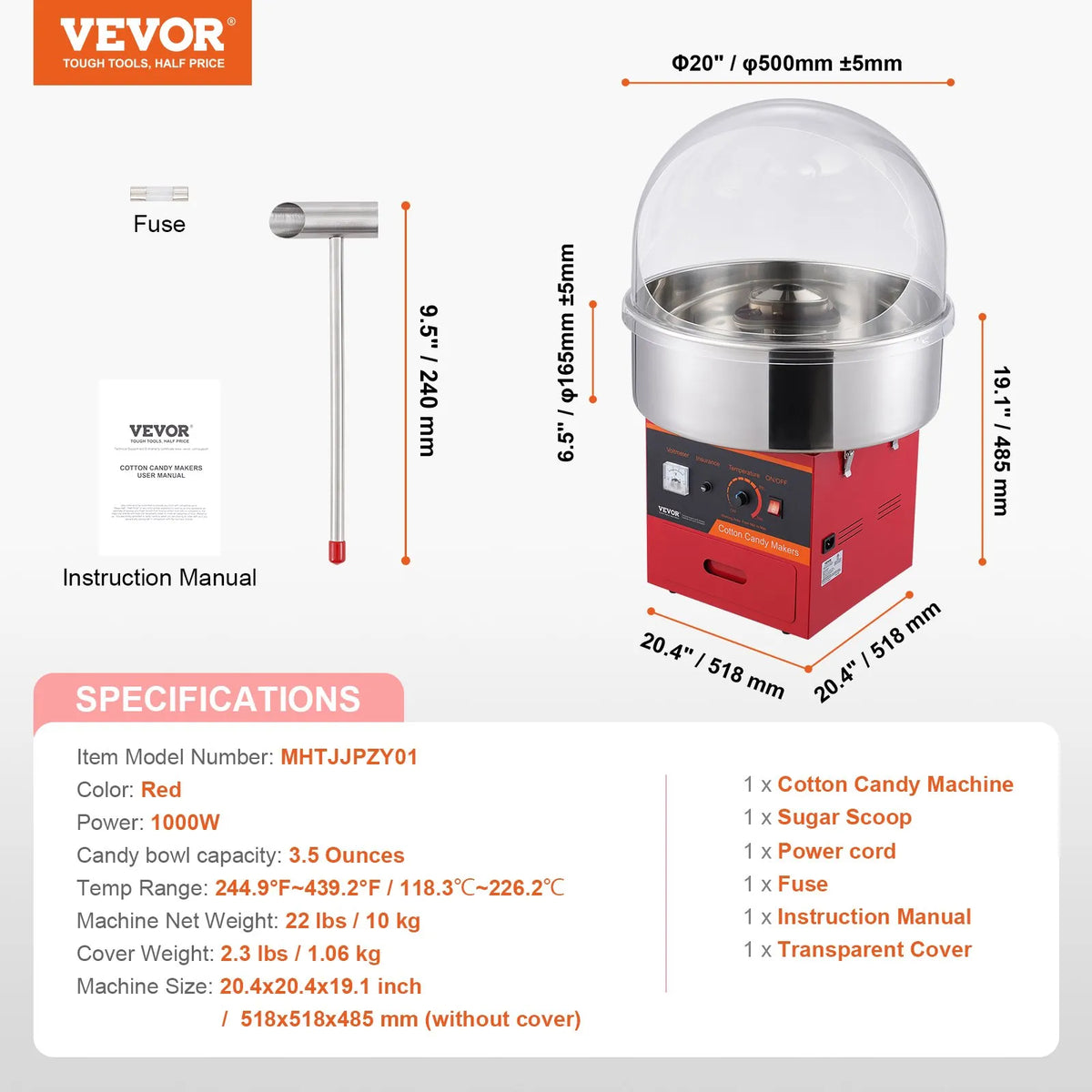 VEVOR Candy Floss Machine 1000 W with Guard, Stainless Steel Bowl and Drawer, Red