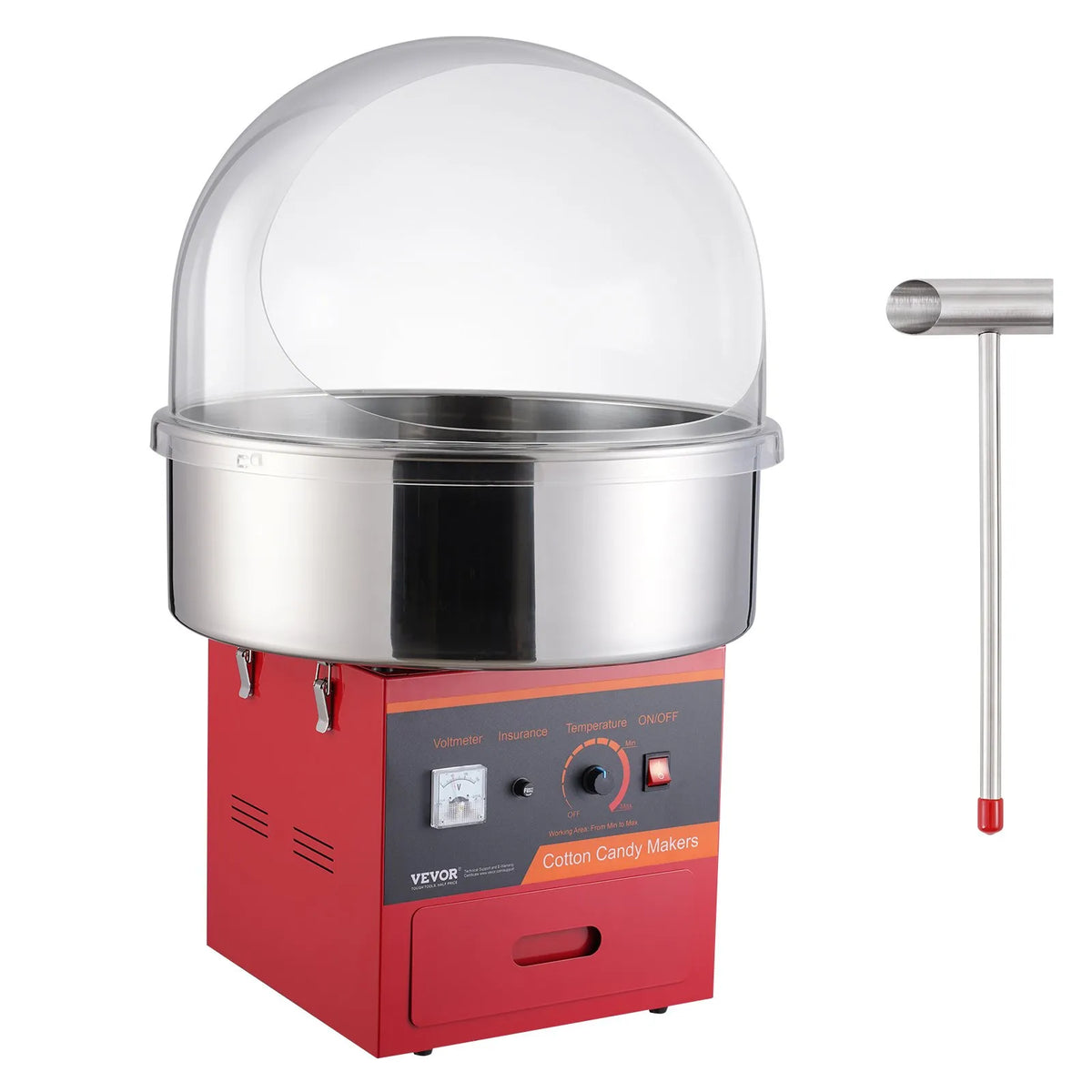 VEVOR Candy Floss Machine 1000 W with Guard, Stainless Steel Bowl and Drawer, Red