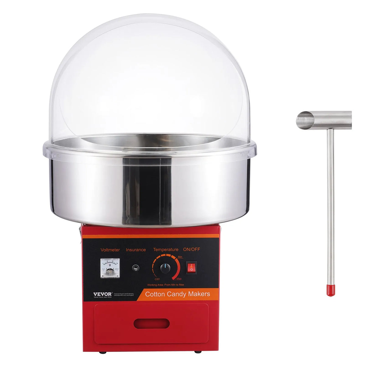 VEVOR Candy Floss Machine 1000 W with Guard, Stainless Steel Bowl and Drawer, Red