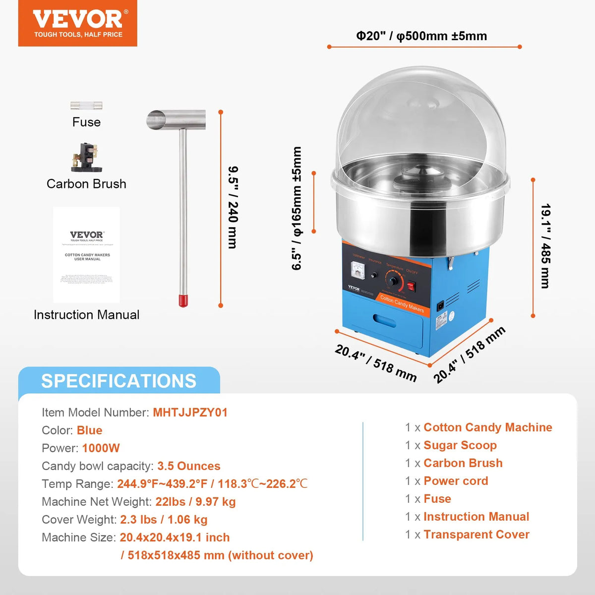 VEVOR аппарат для сахарной ваты 1000 Вт с защитной крышкой, чашей из нержавеющей стали и выдвижным ящиком, синий