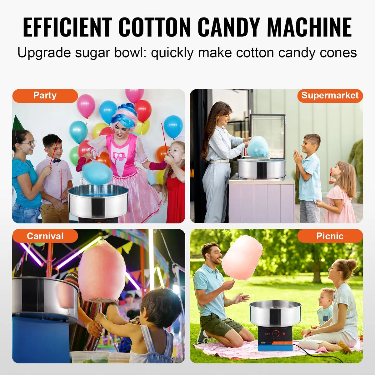 VEVOR Candy Floss Machine 1000 W with Stainless Steel Bowl and Sugar Scoop, Blue